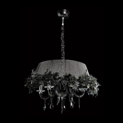 K. Light Glass 5 Light Chandelier with Crystals & Feather Shade - Black