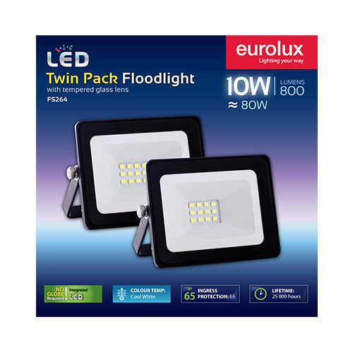 LED Floodlight 10W Cool White - Twin Pack