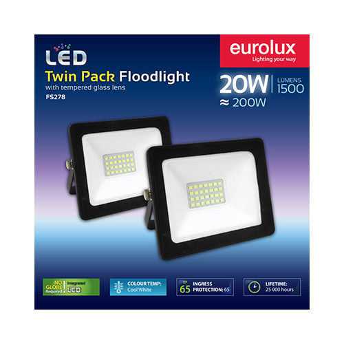 LED Floodlight 20W Cool White - Twin Pack