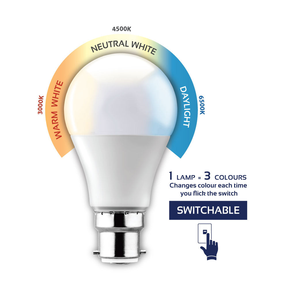 Eurolux LED Switchable Opal Globe B22 7W 610lm Warm White, Neutral White and Daylight