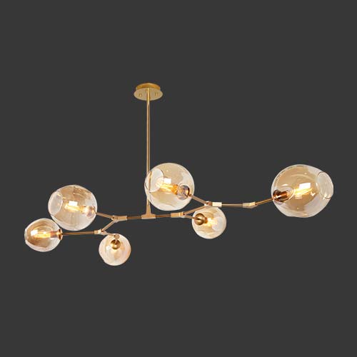 K. Light Molecule Horizontal 6 Light Pendant - Amber / Satin Gold