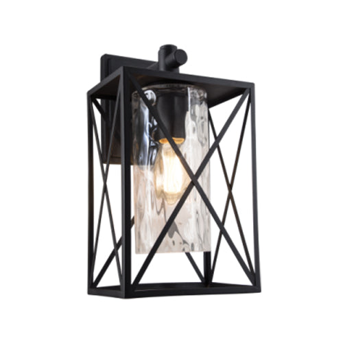 Bright Star Down Facing Metal Lantern with Textured Clear Glass - Black