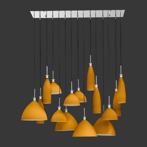 K. Light Rectangular Glass 15 Light Cluster Pendant - Orange / Chrome