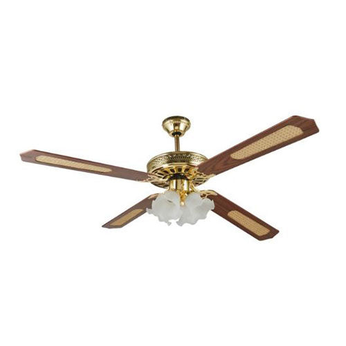 4 Blade Ceiling Fan with Lights 1240mm - Antique Brass / Rattan
