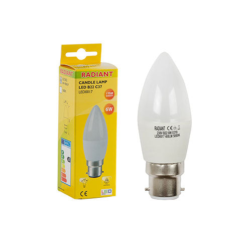 Radiant LED Candle Bulb B22 6W 630lm 5000K - Frosted