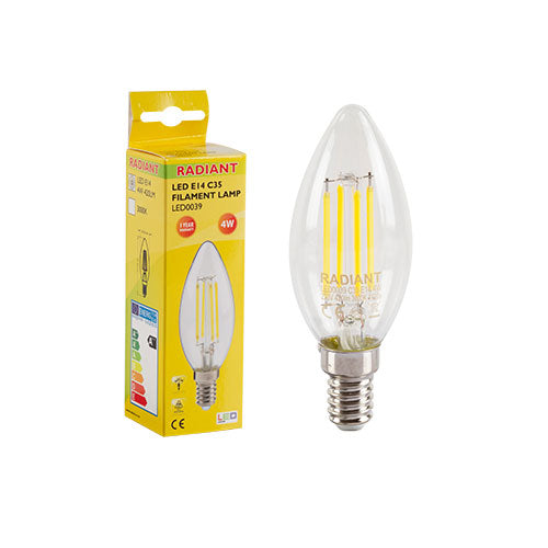 Radiant LED Filament Candle Bulb E14 4W 420lm 3000K