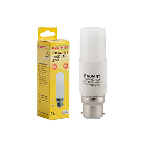 Radiant LED Stick Lamp T30 B22 6W 540lm 3000K - Frosted
