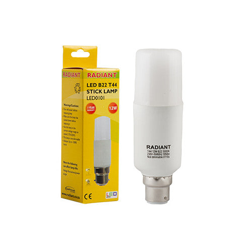 Radiant LED Stick Lamp T44 B22 12W 1080lm 3000K - Frosted