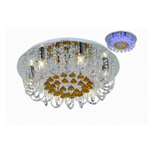 Polished Chrome Flush Mount Ceiling Fitting with Clear and Amber Crystals and blue LEDs
