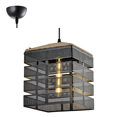 Square 60W Metal and Rope Pendant - Black